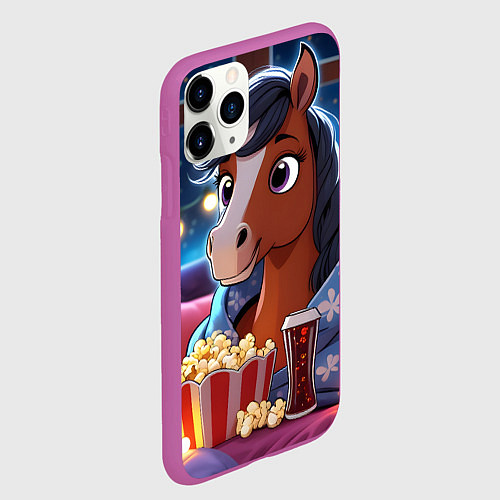 Чехол iPhone 11 Pro матовый Новогодняя лошадка с попкорном / 3D-Фиолетовый – фото 2