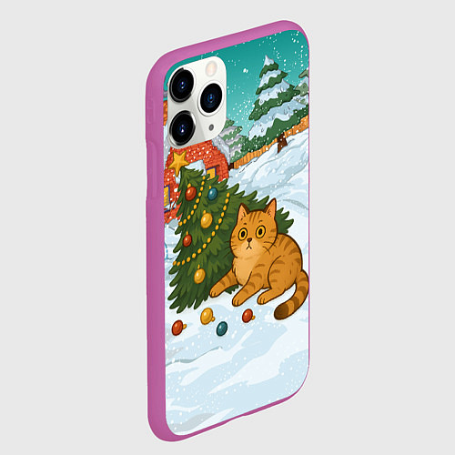 Чехол iPhone 11 Pro матовый Толстый кот уронил елку / 3D-Фиолетовый – фото 2