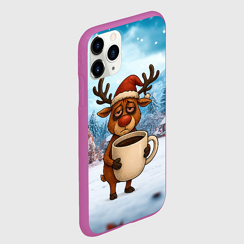Чехол iPhone 11 Pro матовый Уставший новогодний олень с кофе / 3D-Фиолетовый – фото 2