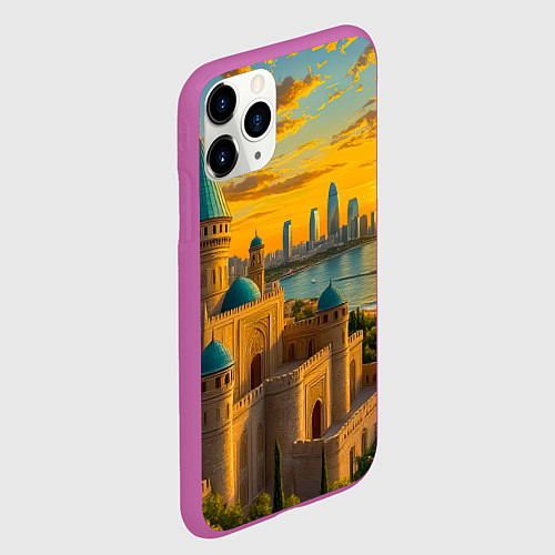 Чехол iPhone 11 Pro матовый Баку сплетение эпох на закате / 3D-Фиолетовый – фото 2