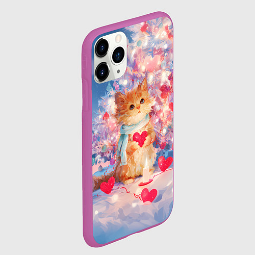 Чехол iPhone 11 Pro матовый Милый котенок и новогодняя елка / 3D-Фиолетовый – фото 2
