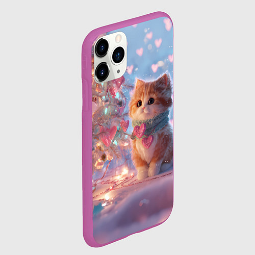 Чехол iPhone 11 Pro матовый Маленький котенок у сияющей елочки / 3D-Фиолетовый – фото 2