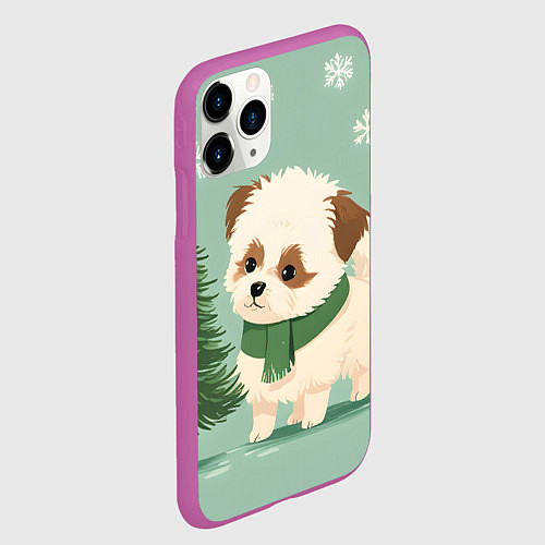 Чехол iPhone 11 Pro матовый Новогодний песик с елочкой / 3D-Фиолетовый – фото 2