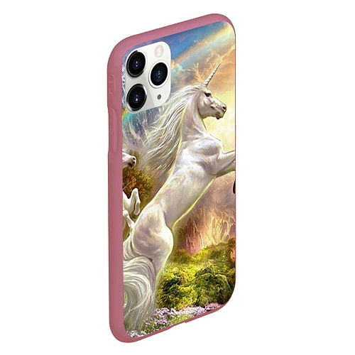 Чехол iPhone 11 Pro матовый Радужный единорог / 3D-Малиновый – фото 2