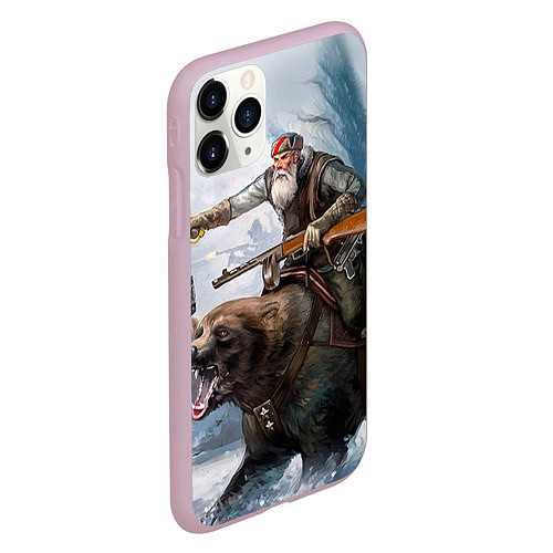 Чехол iPhone 11 Pro матовый Русский воин на медведе / 3D-Розовый – фото 2