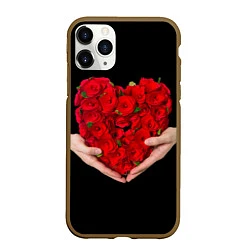 Чехол iPhone 11 Pro матовый Сердце роз в руках, цвет: 3D-коричневый