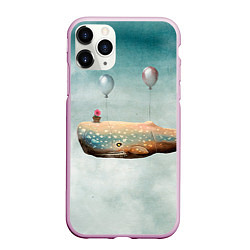 Чехол iPhone 11 Pro матовый Летящий кит, цвет: 3D-розовый