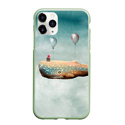 Чехол iPhone 11 Pro матовый Летящий кит, цвет: 3D-салатовый