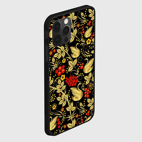 Чехол iPhone 12 Pro Max Хохлома золотые лебеди / 3D-Черный – фото 2
