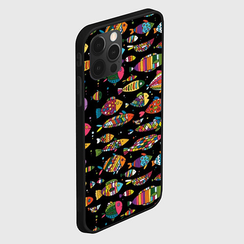 Чехол iPhone 12 Pro Max Разноцветные рыбы - черный фон / 3D-Черный – фото 2