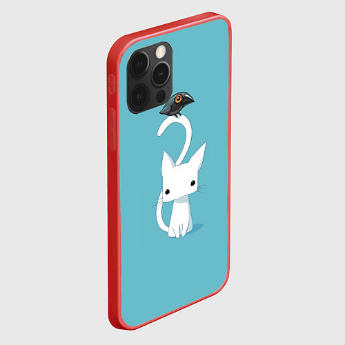 Чехол iPhone 12 Pro Max Белый котик и воробушек / 3D-Красный – фото 2