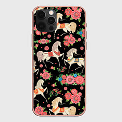 Чехол для iPhone 12 Pro Max Лошади и цветы, цвет: 3D-светло-розовый