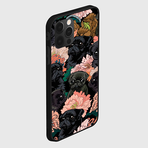 Чехол iPhone 12 Pro Max Мопсы и Цветы / 3D-Черный – фото 2