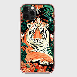 Чехол для iPhone 12 Pro Max Огненный Тигр в Цветах, цвет: 3D-светло-розовый