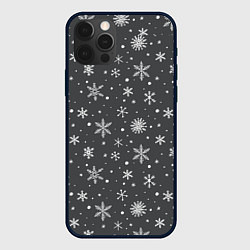 Чехол для iPhone 12 Pro Max Белые снежинки на сером фоне, цвет: 3D-черный