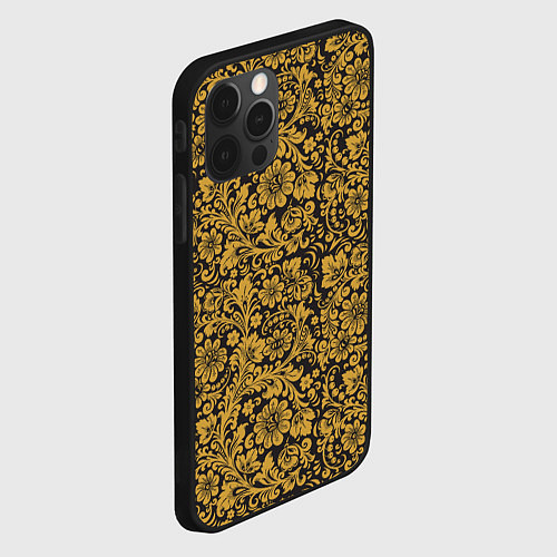 Чехол iPhone 12 Pro Max Золотые Цветы хохлома / 3D-Черный – фото 2