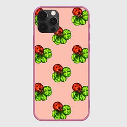 Чехол для iPhone 12 Pro Max Божья коровка и клевер на розовом, цвет: 3D-малиновый