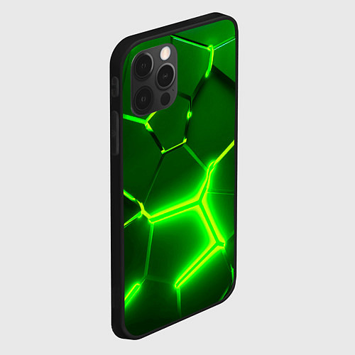 Чехол iPhone 12 Pro Max 3D ПЛИТЫ НЕОН NEON GREEN HEXAGON РАЗЛОМ / 3D-Черный – фото 2