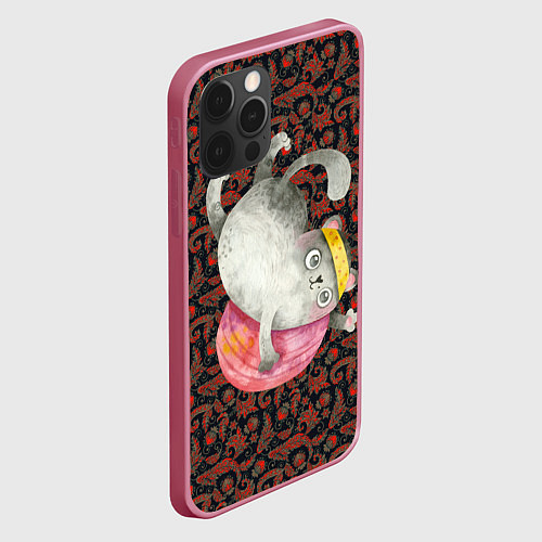 Чехол iPhone 12 Pro Max Забавный кот с клубком / 3D-Малиновый – фото 2