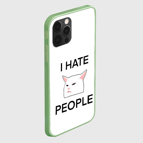 Чехол iPhone 12 Pro Max I hate people, дизайн с белым мемным котом / 3D-Салатовый – фото 2