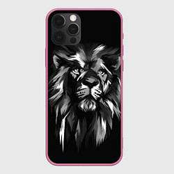 Чехол для iPhone 12 Pro Max Голова льва в черно-белом изображении, цвет: 3D-малиновый