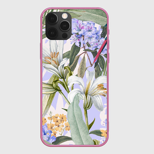 Чехол iPhone 12 Pro Max Цветы Фиолетовые Дикие Джунгли / 3D-Малиновый – фото 1