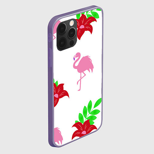 Чехол iPhone 12 Pro Max Розовый фламинго с цветами / 3D-Серый – фото 2
