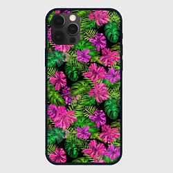 Чехол для iPhone 12 Pro Max Тропические листья и цветы на черном фоне, цвет: 3D-черный