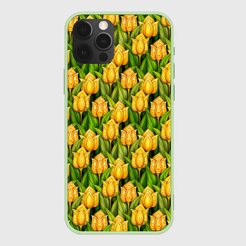 Чехол iPhone 12 Pro Max Желтые тюльпаны паттерн / 3D-Салатовый – фото 1