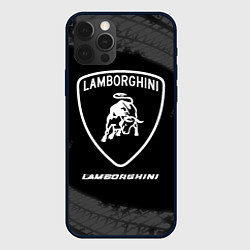 Чехол iPhone 12 Pro Max Lamborghini Speed на темном фоне со следами шин