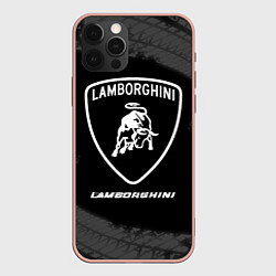 Чехол для iPhone 12 Pro Max Lamborghini Speed на темном фоне со следами шин, цвет: 3D-светло-розовый