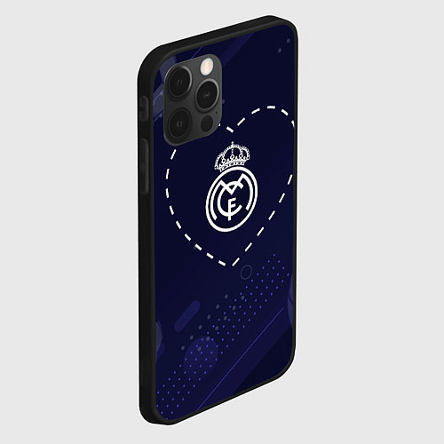 Чехол iPhone 12 Pro Max Лого Real Madrid в сердечке на фоне мячей / 3D-Черный – фото 2