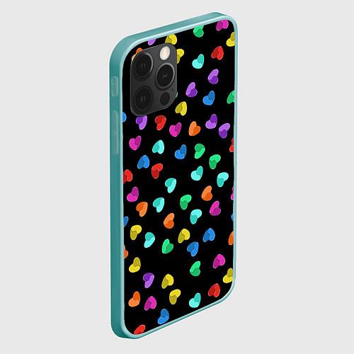 Чехол iPhone 12 Pro Max Сердечки разноцветные на черном / 3D-Мятный – фото 2