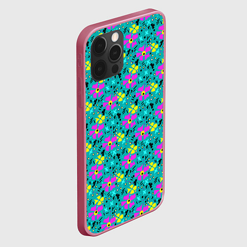 Чехол iPhone 12 Pro Max Яркий цветочный узор на бирюзовом фоне / 3D-Малиновый – фото 2
