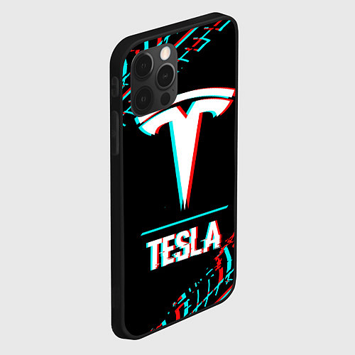 Чехол iPhone 12 Pro Max Значок Tesla в стиле Glitch на темном фоне / 3D-Черный – фото 2