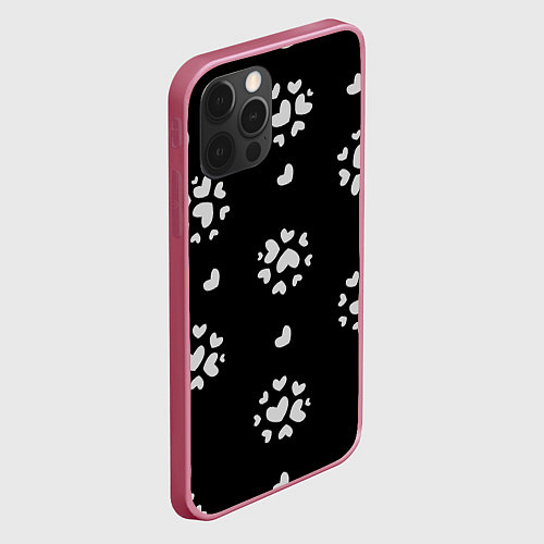 Чехол iPhone 12 Pro Max Серые сердца на черном фоне / 3D-Малиновый – фото 2