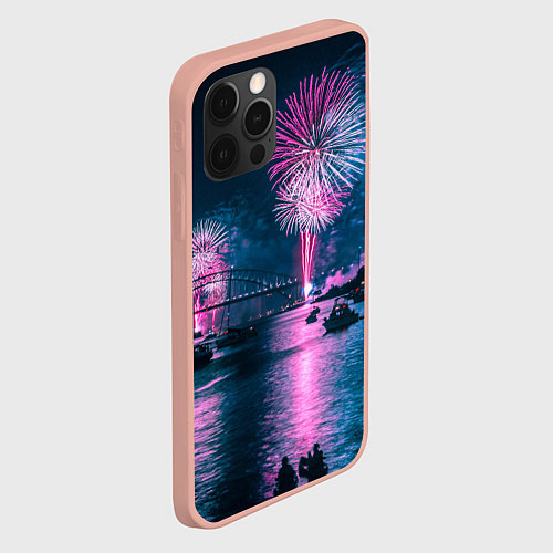 Чехол iPhone 12 Pro Max Неоновый салют над рекой ночью - Синий / 3D-Светло-розовый – фото 2