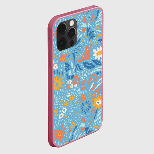 Чехол iPhone 12 Pro Max Цветы На Нарисованном Лугу / 3D-Малиновый – фото 2