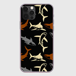 Чехол для iPhone 12 Pro Max Стая акул - паттерн - ночной океан, цвет: 3D-серый