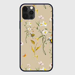 Чехол для iPhone 12 Pro Max Нарисованные Цветы Ромашки и Пчёлы, цвет: 3D-черный