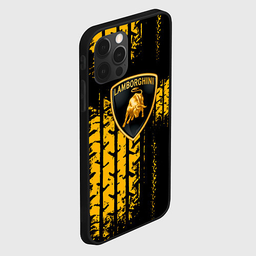Чехол iPhone 12 Pro Max Lamborghini - жёлтые следы шин / 3D-Черный – фото 2