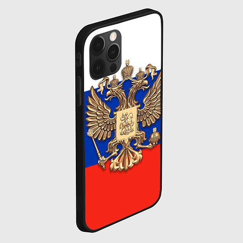 Чехол iPhone 12 Pro Max Герб России на фоне флага / 3D-Черный – фото 2