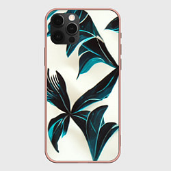 Чехол для iPhone 12 Pro Max Листья тропические тёмно-синие, цвет: 3D-светло-розовый