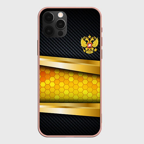 Чехол iPhone 12 Pro Max Black & gold - герб России / 3D-Светло-розовый – фото 1