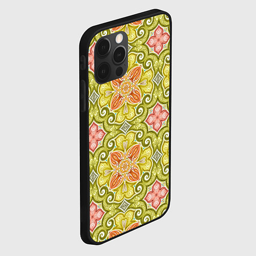 Чехол iPhone 12 Pro Max Зеленые узоры и оранжевые цветы / 3D-Черный – фото 2
