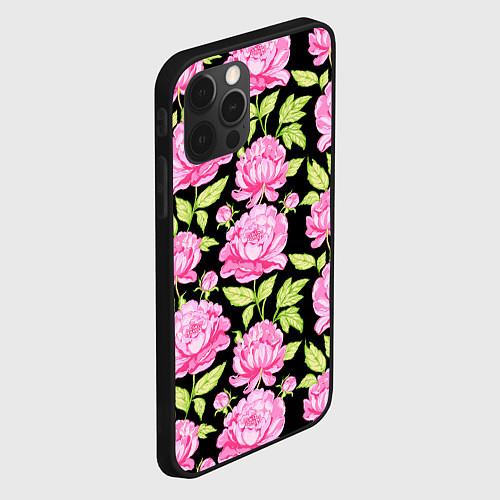Чехол iPhone 12 Pro Max Розовые пионы на черном / 3D-Черный – фото 2