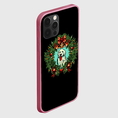 Чехол iPhone 12 Pro Max Новый год венок и собака / 3D-Малиновый – фото 2