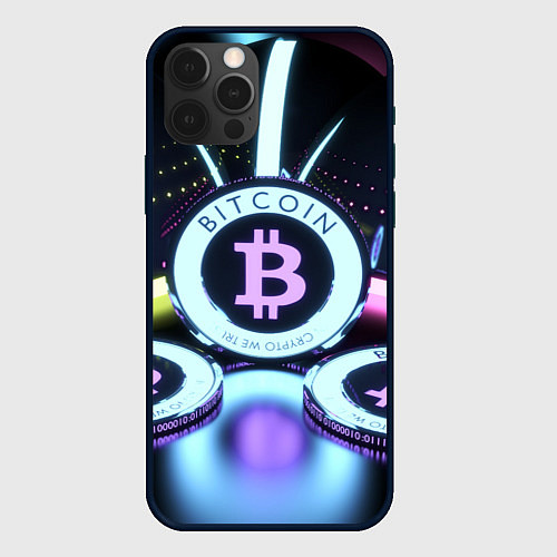 Чехол iPhone 12 Pro Max Неоновый светящийся биткоин / 3D-Черный – фото 1