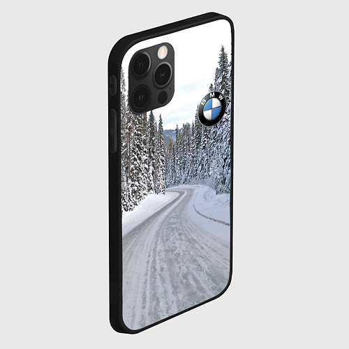 Чехол iPhone 12 Pro Max BMW - зимняя дорога через лес / 3D-Черный – фото 2