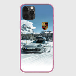 Чехол для iPhone 12 Pro Max Porsche on a mountain winter road, цвет: 3D-малиновый